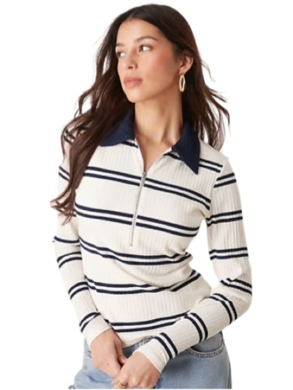 ⚪️🧿 Abercrombie & Fitch Cream and Black Striped Ribbed Zip Polo Top 🧿⚪️